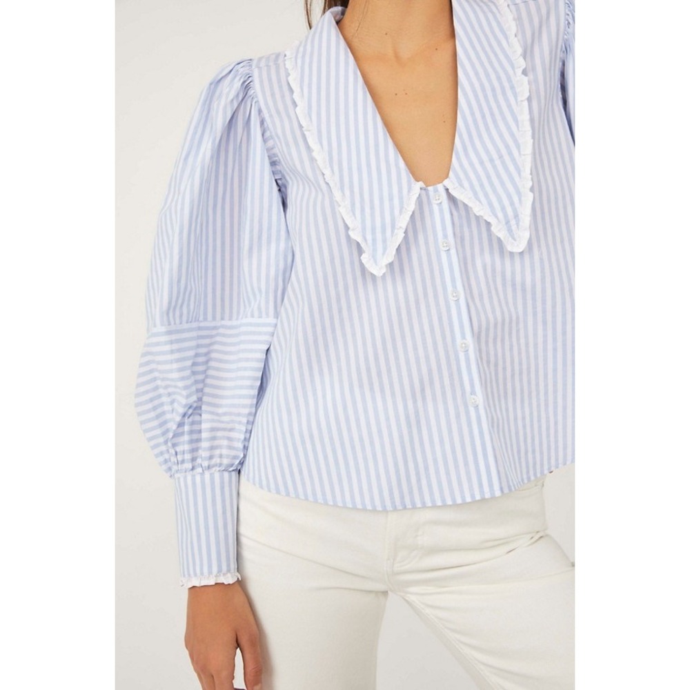 Free People Happy Days‎ Pullover Blouse Striped Oversized Collar Blue Size S